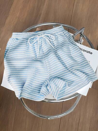 GlowEve Women's Summer Elastic Drawstring Waist Pocket Shorts, Knitted Pineapple Texture Colorblock Striped Fabric, Casual For Home & Activewear
