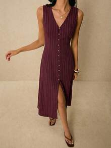 Poéselle Women's Striped Single-Breasted V-Neck Sleeveless Casual Dress - Burgundy - View 5