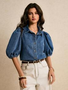 Poéselle Women's Short Puff Sleeve Single-Breasted Casual Denim Blouse - Medium Wash - View 4