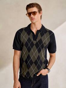 Manfinity CityGents Men's Classic Knit Short Sleeve Polo Top With Plaid Pattern Button Front Design - Royal Blue - View 4