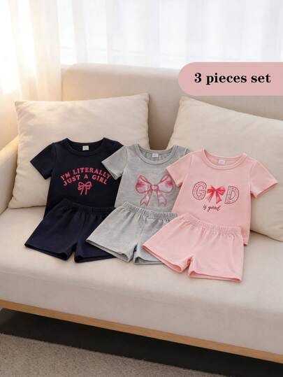 SHEIN Playful Pals 6pcs/Set Baby Girls Toddler Newborn 0-3Y Spring Summer New Cute Graphic Print Grey, Navy, Pink T-Shirt & Shorts Outfit Set