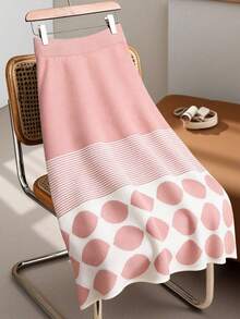 Franclia 优雅几何波点条纹长款A字针织半身裙，休闲百搭，适合通勤，秋冬季穿着 - 彩色 - 查看 5