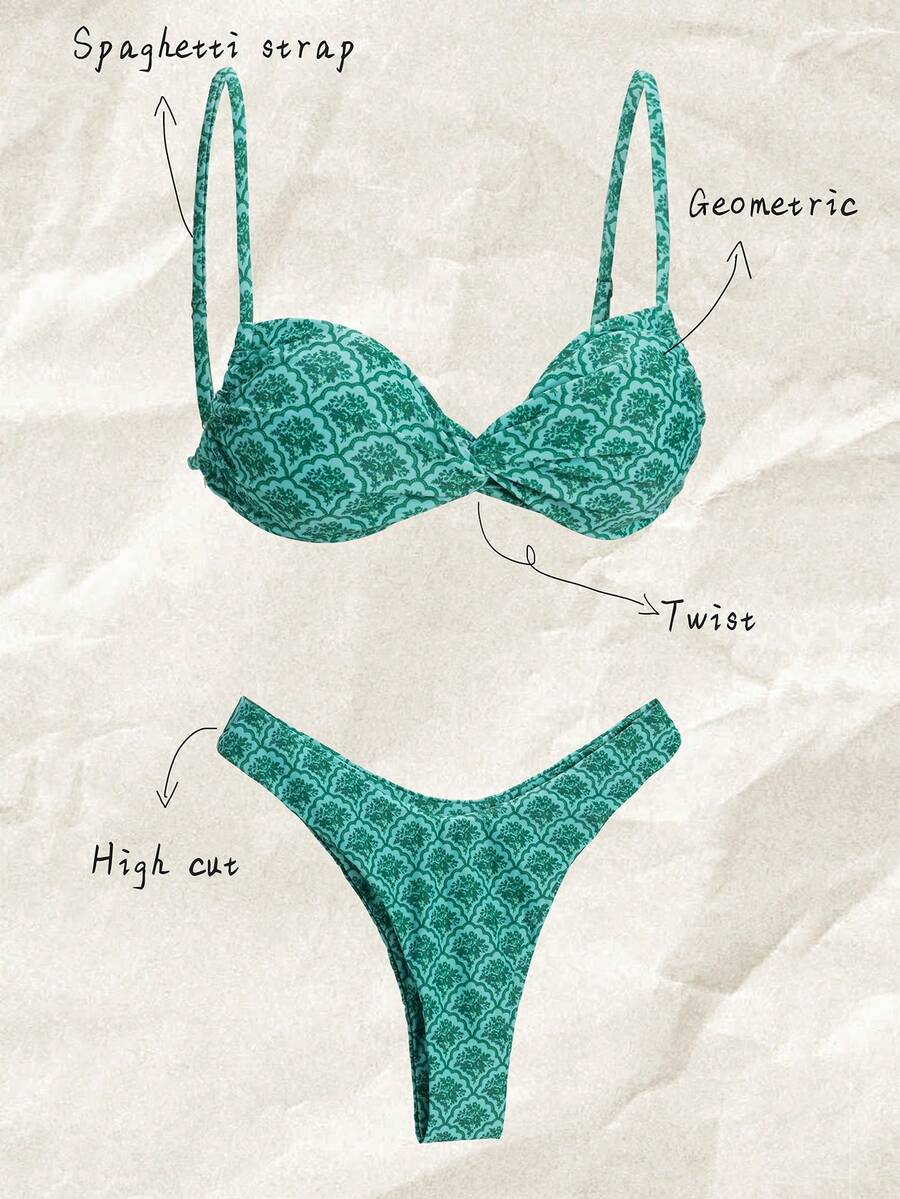 Elavelle Springbreak Random Print Cutout Twist Strap Sexy Bikini Swimsuit Set For Women Summer