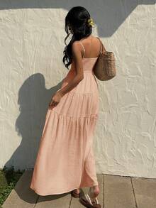 Sunnyshic Vestido suelto y fluido con camisola de cordón plisado de tela texturizada de melocotón, estilo favorecedor y de vacaciones, sin mangas - Naranja - Ver 2