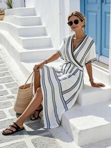 SHEIN Holidaya Summer New Arrival: V-Neck Chic Dress – Short-Sleeved, Contrast Wide-Narrow Striped, Relaxed Long Silhouette. This French Retro Piece Blends Vacation Charm With Office Elegance, Boasting A Slim-Flattering A-Line Cut - Multicolor - View 4