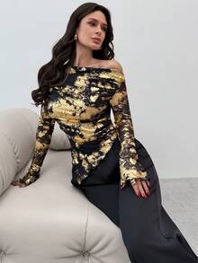 Firerie 女士时尚斜肩长袖修身褶皱吊带背心 - 金色 - 查看 8