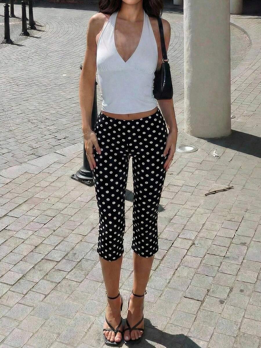 Firerie Women's Elegant Casual Vacation Pants For Spring/Summer, Black & White Polka Dot Knit Low-Waist Slim-Fit 3/4 Leggings, Suitable For Afternoon Tea, Beach Vacation, Teacher Outfit, And Loungewear Cute Pants Polka Dot Pants Cropped Pants - Black and White - View 1