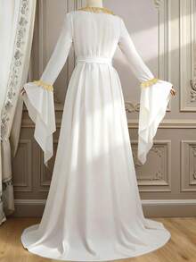 Elenzga Damen einfaches Glockenärmel-Kleid für den täglichen Gebrauch, Goldfarbe - Weiss - Übersicht 2