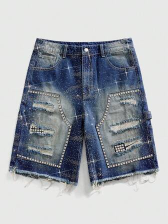 Shorts en jean mode à poches obliques avec bords effilochés pour hommes