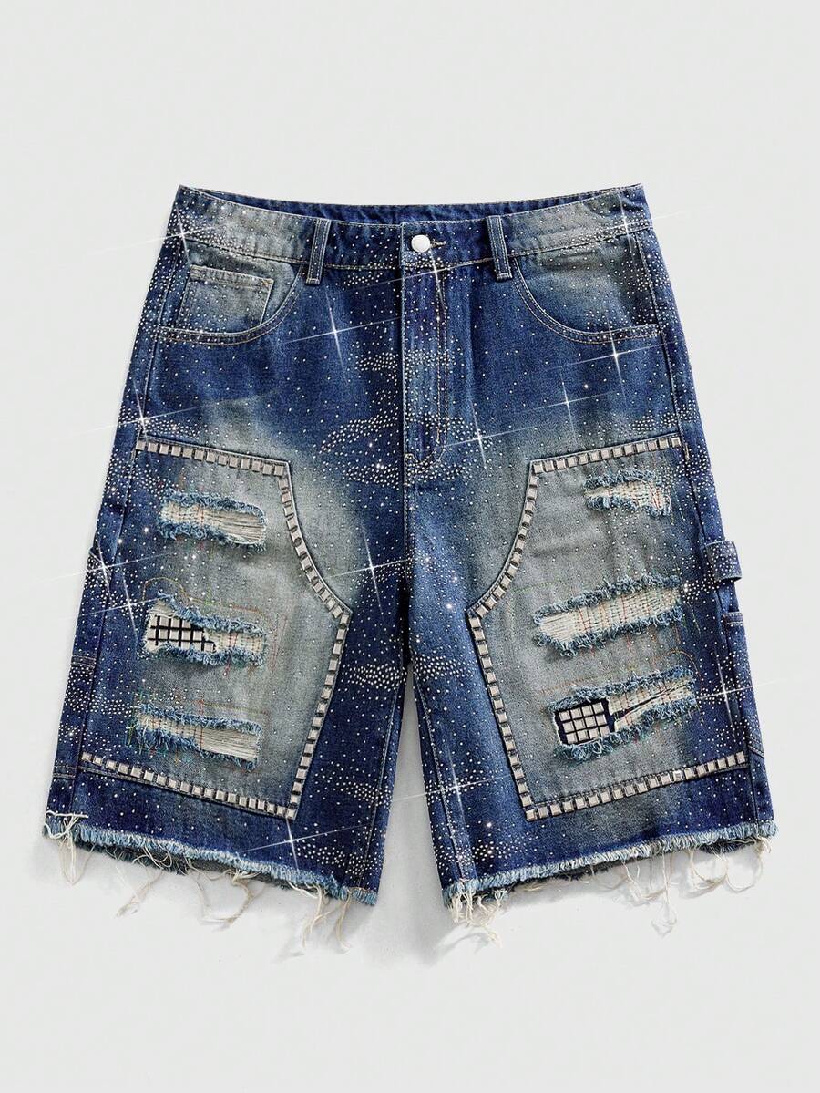 Quần short denim nam thời trang, rách gấu, túi xéo. - Màu xanh lam - Xem 1