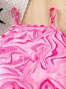 SHEIN 年轻女孩休闲街头时尚针织几何印花吊带开衩裙 - 玫紅色 - 查看 3