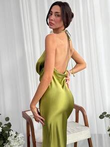 Aloruh Đầm nữ màu trơn, cổ yếm, không tay, xếp ly. - Màu Mù tạt vàng - Xem 1