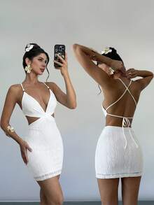 Firerie Women's White Jacquard Beaded Tie-Back Slim-Fit Mini Skirt With Slit, Sexy Vacation Dress, Cross-Strap Backless Design, Cutout Waist, Spring/Summer Wear, Beach Wear, Work Wear, Elegant And Sexy, Vacation Style, Beach Style, Bohemian Style, Hawaiian Style, Music Festival Style, Romantic Style, Date Wear, Beaded Front Design, Women's Vacation Clothing. - White - View 1