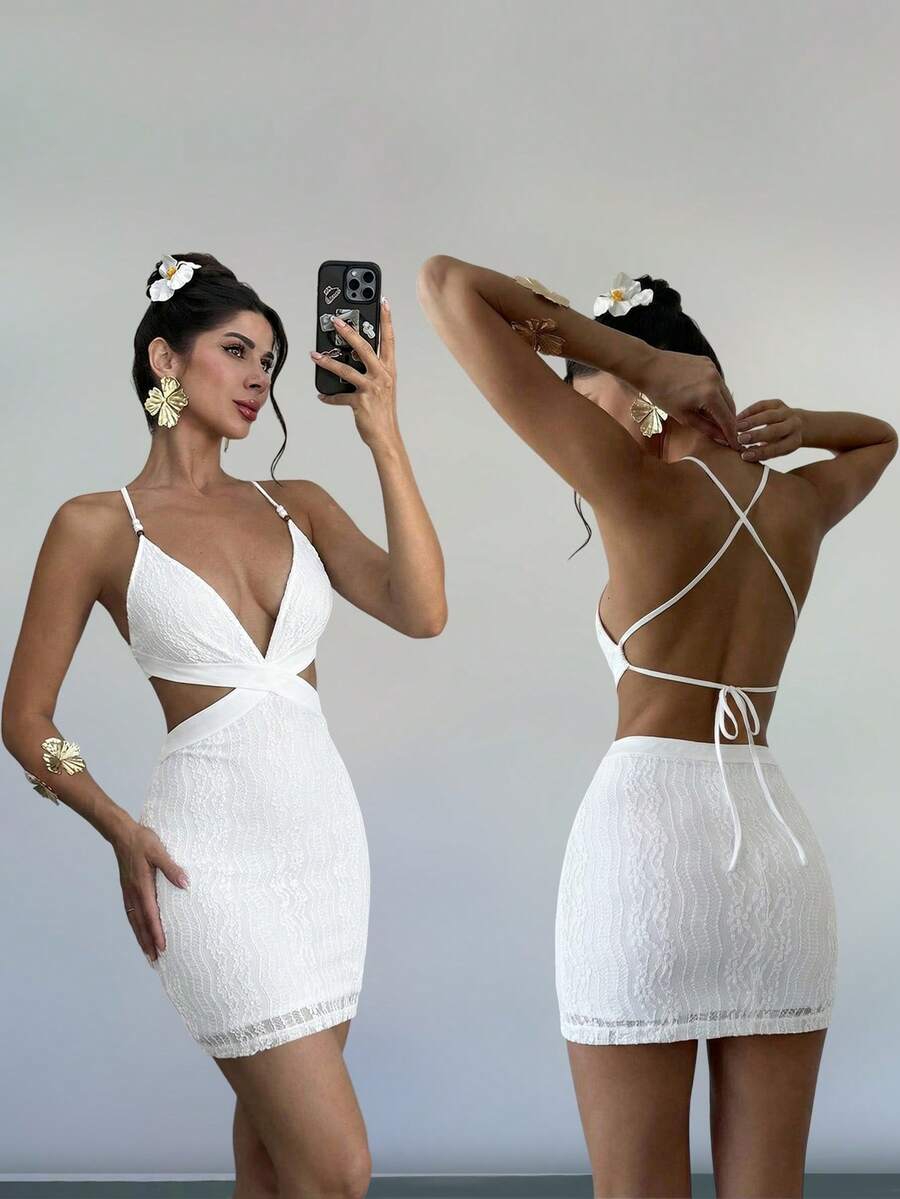 Firerie Women's White Jacquard Beaded Tie-Back Slim-Fit Mini Skirt With Slit, Sexy Vacation Dress, Cross-Strap Backless Design, Cutout Waist, Spring/Summer Wear, Beach Wear, Work Wear, Elegant And Sexy, Vacation Style, Beach Style, Bohemian Style, Hawaiian Style, Music Festival Style, Romantic Style, Date Wear, Beaded Front Design, Women's Vacation Clothing. - White - View 1