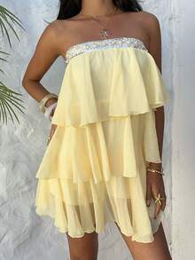 Aloruh Đầm mini đi biển không dây vai, đính sequin, phối nhiều lớp, màu trơn, có họa tiết, xếp ly, chất liệu chiffon màu vàng bơ thanh lịch, đầm hẹn hò, đầm đi chơi đêm, đầm hè, trang phục tuần trăng mật, đầm dự tiệc cưới, trang phục đi nghỉ mát trên đảo, đầm dự tiệc cưới, đầm chống nắng, đầm dự tiệc thanh lịch, đầm đi nghỉ mát ở Hy Lạp, đầm nghỉ dưỡng mùa hè cho nữ. - Vàng nhạt - Xem 4
