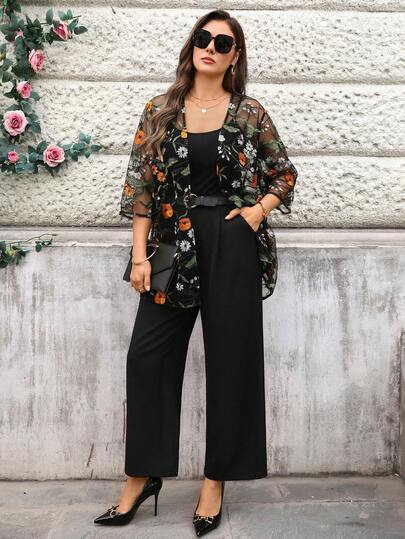 EMERY ROSE 大码花卉刺绣薄纱休闲百搭外套