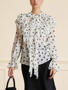 Aveloria Revavyn Vintage White Base Black Heart Multi-Layer Ruffle Trim Long Sleeve Shirt,Elegant French Style White And Black Autumn Dinner Date Commute Blouse - Black and White - View 3