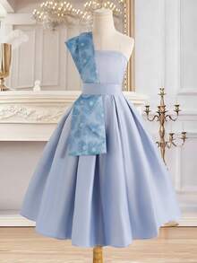 SHEIN Tween-Mädchen Jacquard Satin Druckkleid mit Schalkragen, tailliertes Prinzessinnenkleid für Mittelöstliche Feste, Partys, elegante Alltagskleidung - Blau - Übersicht 6