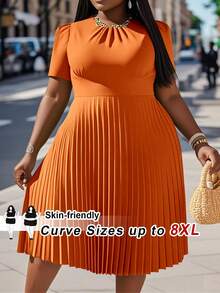 SHEIN CURVE+ 适合曲线身材的 US22 码音乐节、海滨度假、波西米亚风女士纯色泡泡袖荷叶边休闲连衣裙，夏季连衣裙，橙色连衣裙，荷叶边连衣裙，修身夏季连衣裙，度假连衣裙，橙色连衣裙，曲线度假穿搭，中长连衣裙，橙色穿搭，橙色连衣裙 - 橘色 - 查看 8