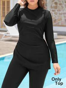 Swim Mulvari 1 件大码女式纯色单侧褶保守修身遮肚布基尼泳衣上衣 - 黑色 - 查看 1