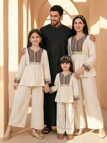 SHEIN Set di camicia a maniche lunghe e pantaloni a gamba dritta per ragazze, abbigliamento tradizionale del Medio Oriente, adatto per festival e occasioni - Cachi - Visualizzare 1
