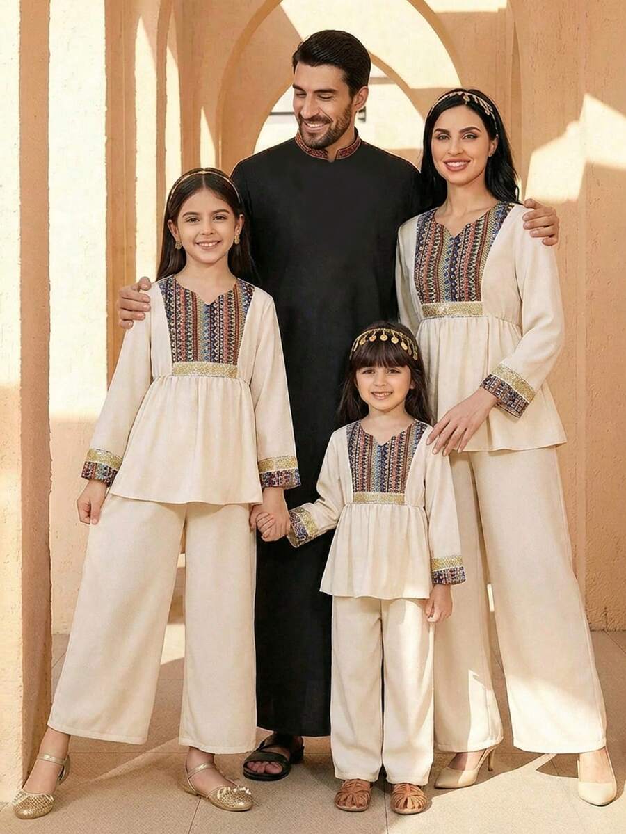 SHEIN Set di camicia a maniche lunghe e pantaloni a gamba dritta per ragazze, abbigliamento tradizionale del Medio Oriente, adatto per festival e occasioni - Cachi - Visualizzare 1
