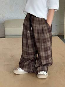 DAZY Young Boy Casual Fashion Street Plaid Print Drawstring Waist Loose Wide Leg Pants - Brown - View 5