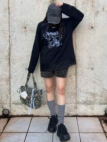 FRIFUL 女士短款加厚休闲甜美叠层毛衣裤，秋季 - 黑色 - 查看 4