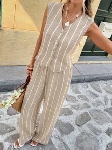 SHEIN Frenchy 女士休闲条纹纽扣前开襟背心和裤子两件套，夏季 - 棕色 - 查看 7