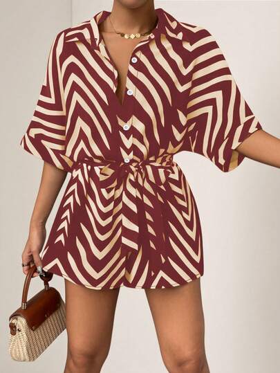 Vesra 印花蝙蝠袖系领连体裤（女款）