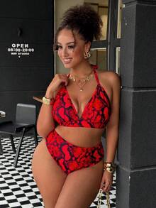 Swim Vcay Bộ bikini hai mảnh cỡ lớn dành cho nữ, in họa tiết hoa, kiểu buộc dây cổ và hở lưng, kiểu tam giác, thích hợp cho kỳ nghỉ. - Nhiều màu - Xem 5