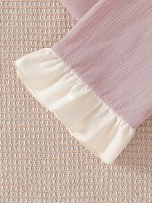 2pcs Tween Girls Elegant Ruffle Trim Floral Print Pants And Long Sleeve Top Pajama Set, Summer Two Piece Sleepwear Set Pajamas Set Two Piece Tween Girls Pink Woven Fabric Pajama Set With Ruffled Lapel Collar And Long Sleeves Cute Two Piece Sleepwear - Pink - View 7