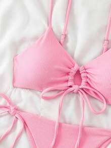 Swim Basics Women's Solid Color Spaghetti Strap Wireless Top And Side Tie Bikini Bottom Set, Summer Vacation - Pink - View 6