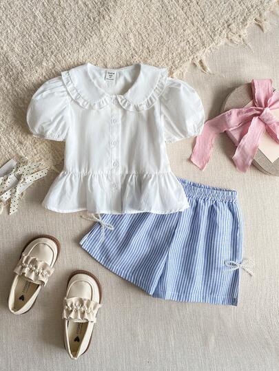 PrepCrw 2 st. Elegant, urban, avslappnad, college- och mångsidigt set med svarta detaljer, rund halsringning, stickad kortärmad topp och vit veckad minikjol, lämpligt för skolstart, avslappnade utflykter, resor, sammankomster, helgdagar, höst, sommar, vår