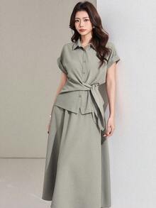 DAZY 春夏优雅办公室套装，宽松上衣和半裙，专为情人节、通勤和复古风格而设计。 - 綠色 - 查看 5