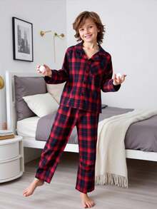 2 件男童休闲经典格子衬衫和裤子套装，长袖家居服 - 紅色 - 查看 5