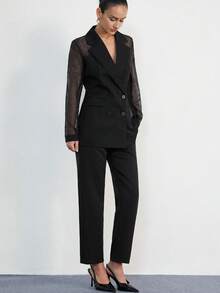 Aveloria Modichic Conjunto de pantalones rectos de traje ligero de mujer de doble botonadura con sensación transparente de tela de parche de organza - Negro - Ver 4