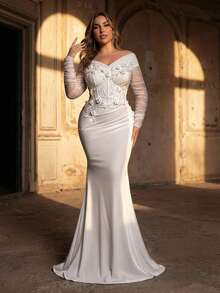 Glamrae 大码优雅浪漫白色露肩长袖薄纱奢华贴花装饰美人鱼裙摆连衣裙，适合婚礼、新娘礼服、情人节等场合。 - 白色 - 查看 8