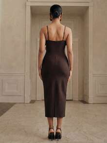 Anewsta Vestido de fiesta de mujer con tirantes finos, ajustado y con efecto vendaje, con estampado floral 3D, disponible en rojo vino, café y marrón - Marrón - Ver 2