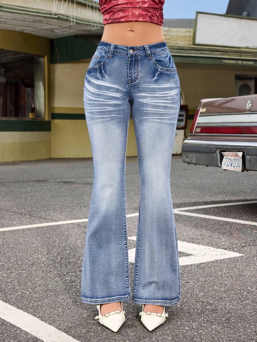 Jeanoix Women's Fashion Casual Y2K Washed Skinny Flare Jeans - Dark Wash - View 1