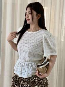 Dazy Plus 大码女式圆领短泡泡袖荷叶边下摆休闲T恤 夏季 - 米色 - 查看 5