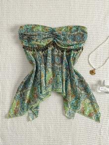 Sweetra Fashionable Tube Chiffon Printed Blouse With Unique Waist Tie And Asymmetric Hem Design, Summer New Arrival - Multicolor - View 1