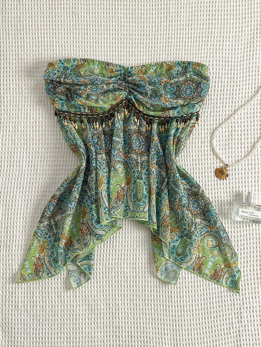 Sweetra Fashionable Tube Chiffon Printed Blouse With Unique Waist Tie And Asymmetric Hem Design, Summer New Arrival - Multicolor - View 1