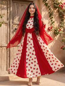 1 Piece Teen Girls Elegant Vintage Red Rose Floral Print Maxi Dress White Autumn Holiday Celebration Wear,Long Buttoned Sleeves Ruffled Trim Outfit - Multicolor - View 1