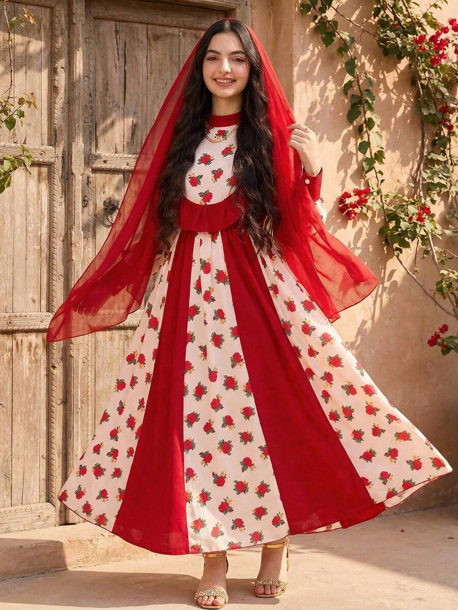 1 Piece Teen Girls Elegant Vintage Red Rose Floral Print Maxi Dress White Autumn Holiday Celebration Wear,Long Buttoned Sleeves Ruffled Trim Outfit - Multicolor - View 1