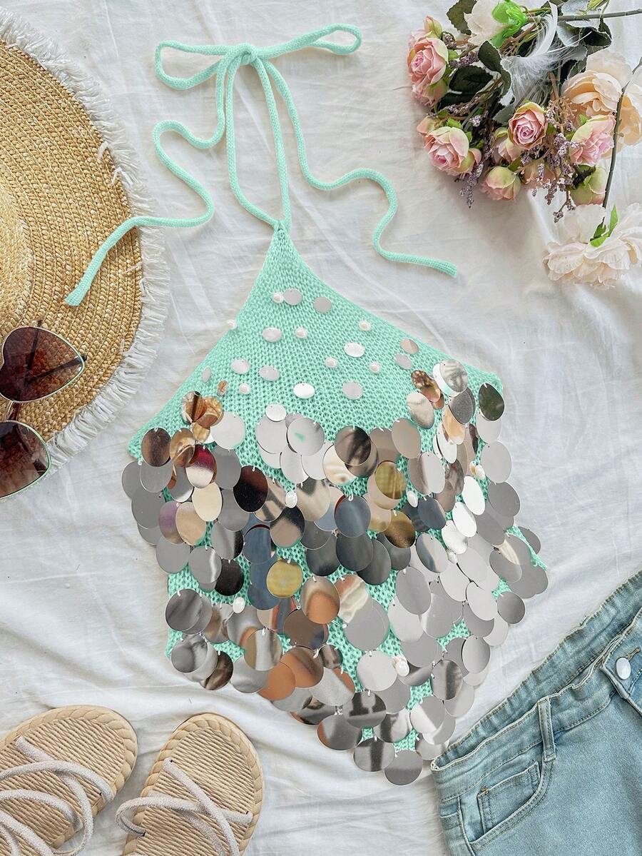 Flirla Sexy Versatile Vacation Style Beaded Halter Knit Top - Green - View 1