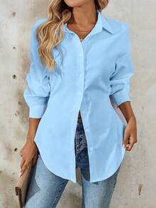 SHEIN Tall Kemeja Wanita Kasual Longgar Model Bahu Jatuh Lengan Panjang Warna Polos, Cocok untuk Perjalanan Sehari-hari di Musim Semi dan Gugur, Wanita Tinggi - Baby Blue - View 5