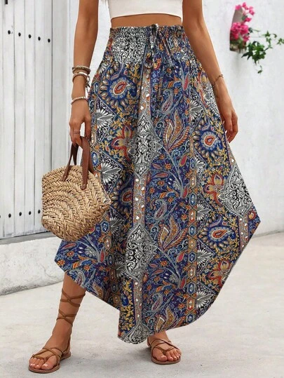 Breezaya Holiday Random Paisley Print Curved Hem Skirt Maxi Vacation Beach Outfits Women