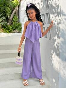 少女紫色纹理雪纺吊带上衣和阔腿裤套装，春夏休闲度假装 - 紫色 - 查看 7