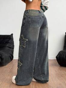 Coolane Women's Winter/All-Season Streetwear  Hippie   Music Festival Party Casual Preppy Vintage Basic Star Patched Dirty Washed Comfortable Baggy  Jeans - Navy Blue - View 2